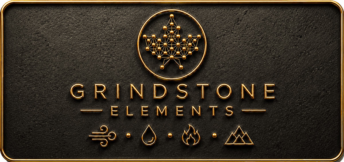Grindstone Elements — gold leaf-node emblem above the wordmark and air, water, fire, and mountain icons, on a dark plaque